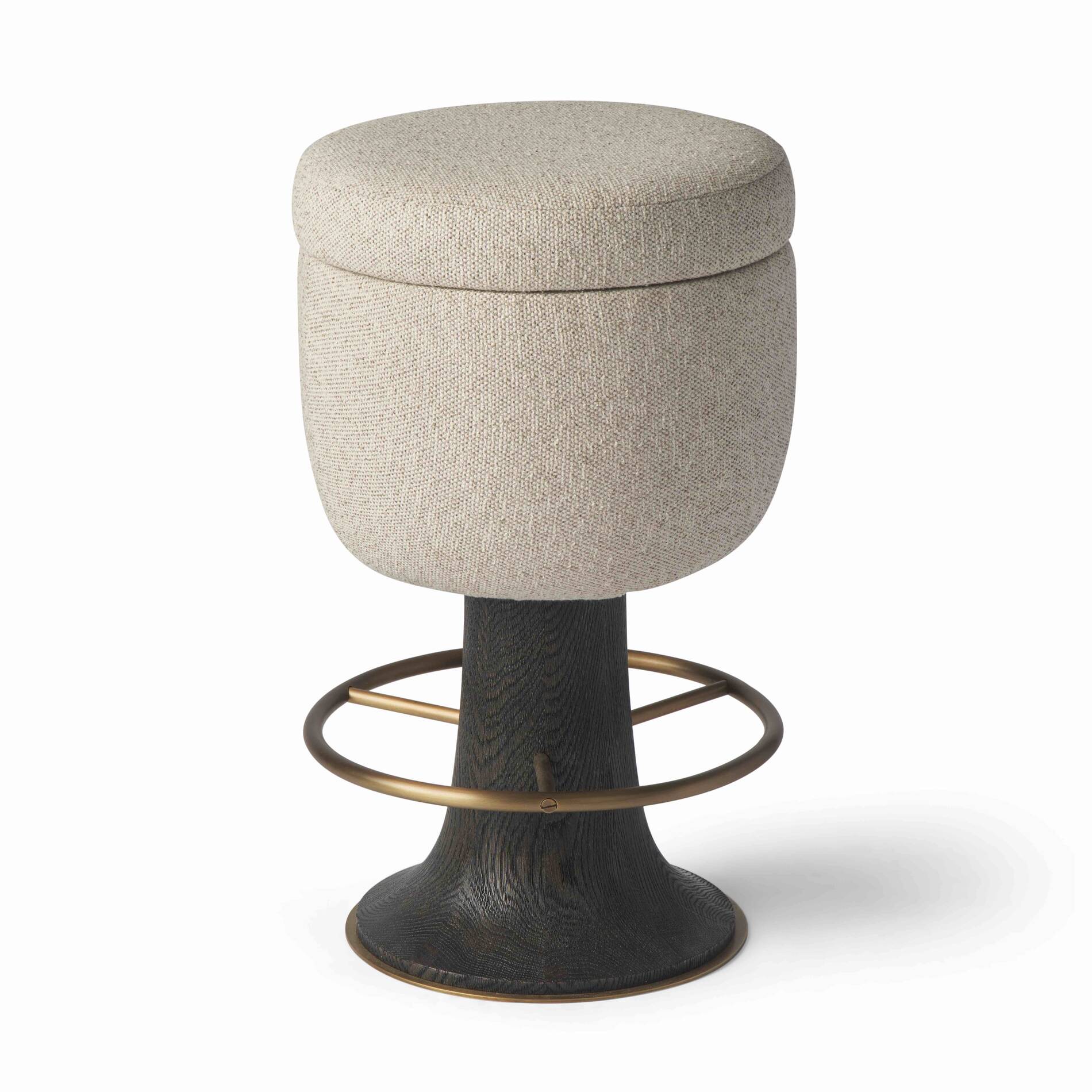 Modern beige upholstered bar stool with dark wood base and metal footrest ring.