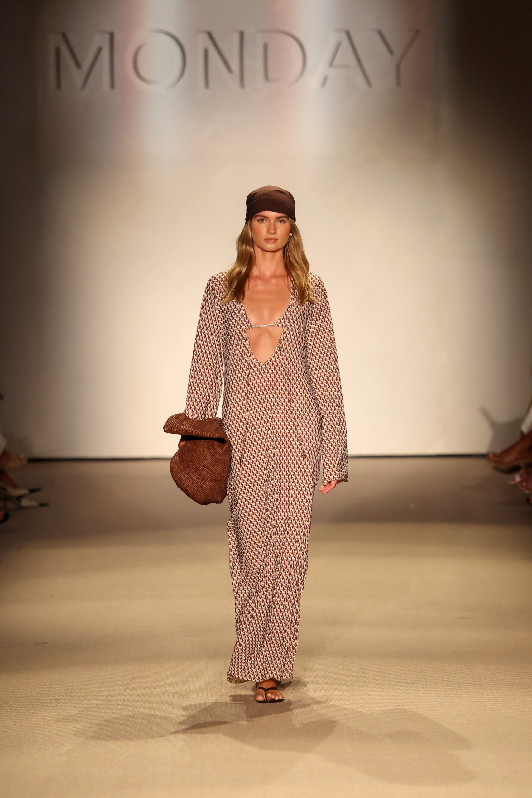 MONDAY Swimwear look of an elegant brown pattern at Miami Swim Week. Frazer Harrison : Getty Images