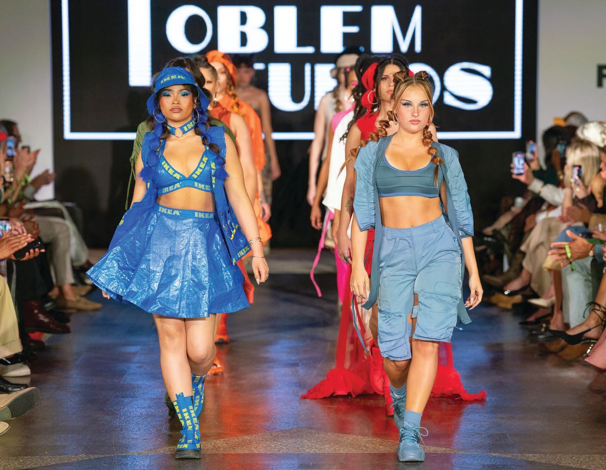 A model donning upcycled IKEA bags opened Toblem Studios runway show at DFW. PHOTO BY WESTON MOSBURG