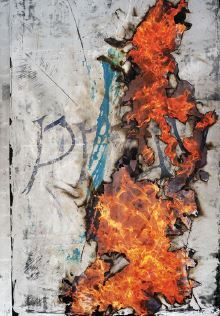 Korakrit Arunanondchai, âFrom Air to Fireâ (2023, acrylic polymer on metallic foil on denim on inkjet print on canvas), 94 inches by 70 inches. PHOTO COURTESY OF KORAKRIT ARUNANONDCHAI