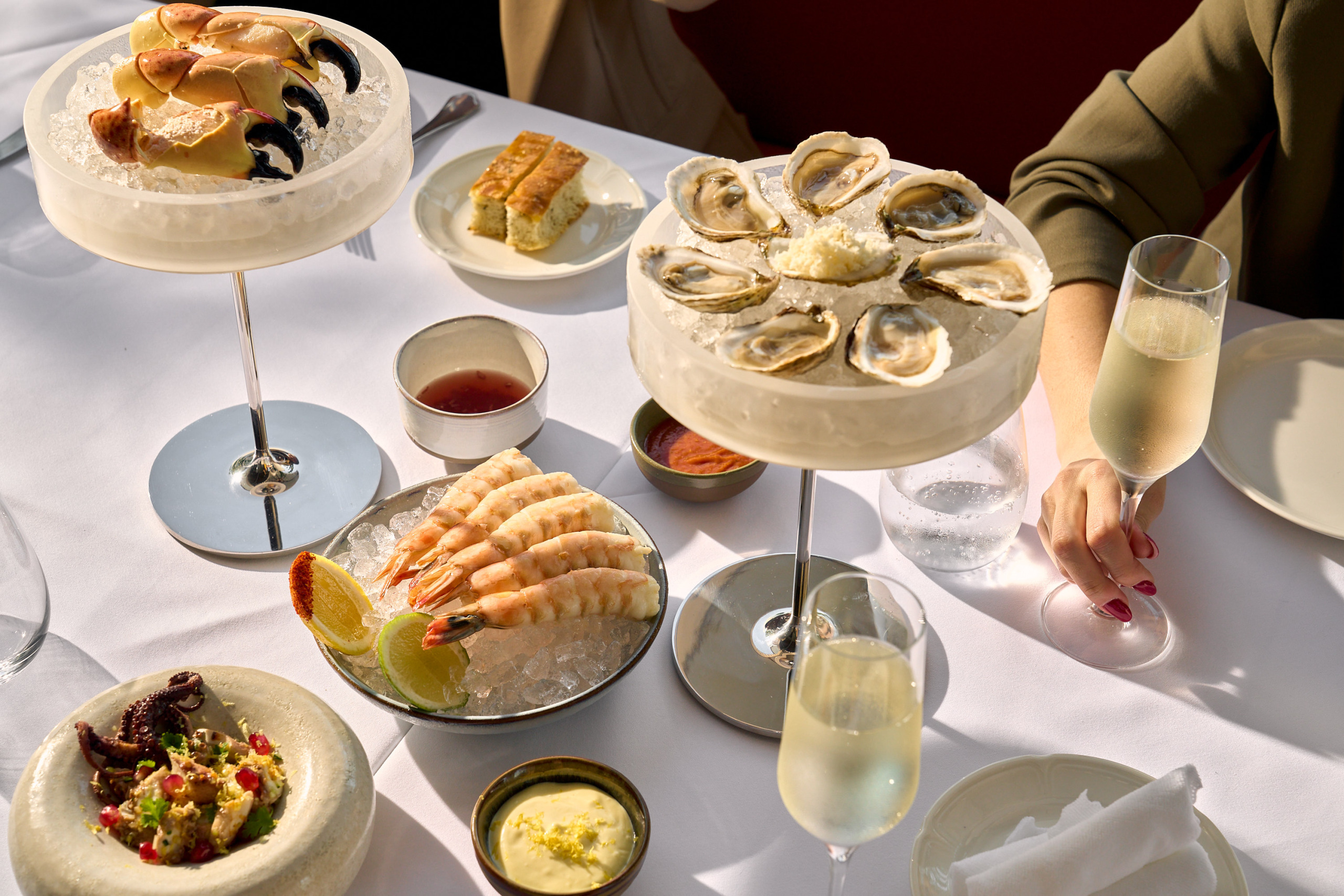BAGATELLE Miami River-seafood display with oysters, shrimp and stone crabs.