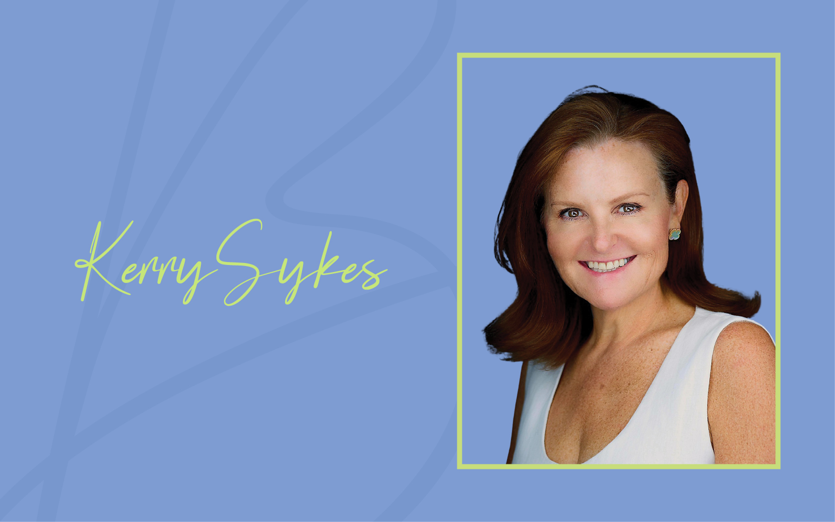Portrait of Kerry Sykes smiling with a light blue background and her name written beside her.