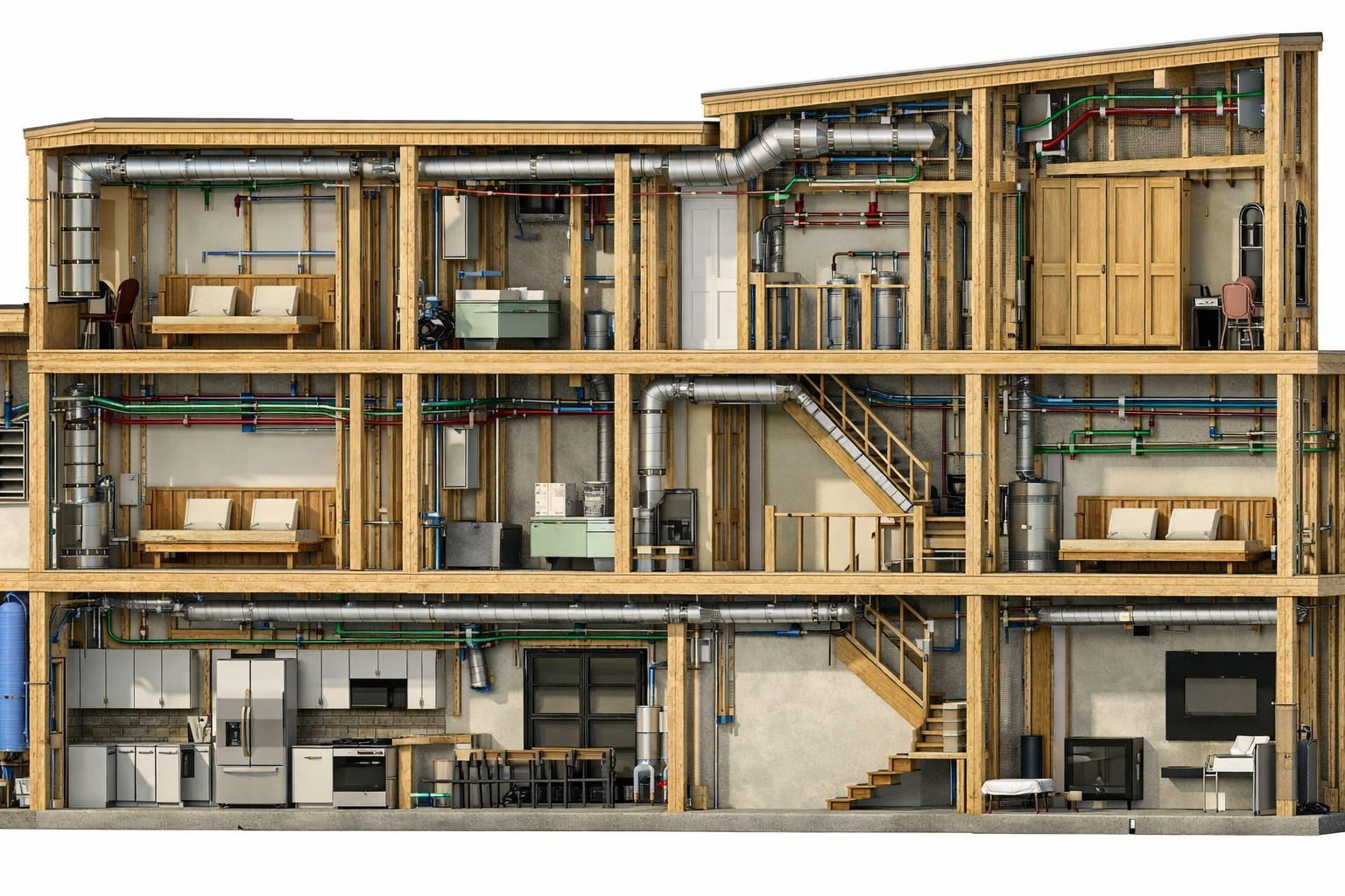 Cross-section view of a three-story house showing rooms, furniture, and plumbing systems.