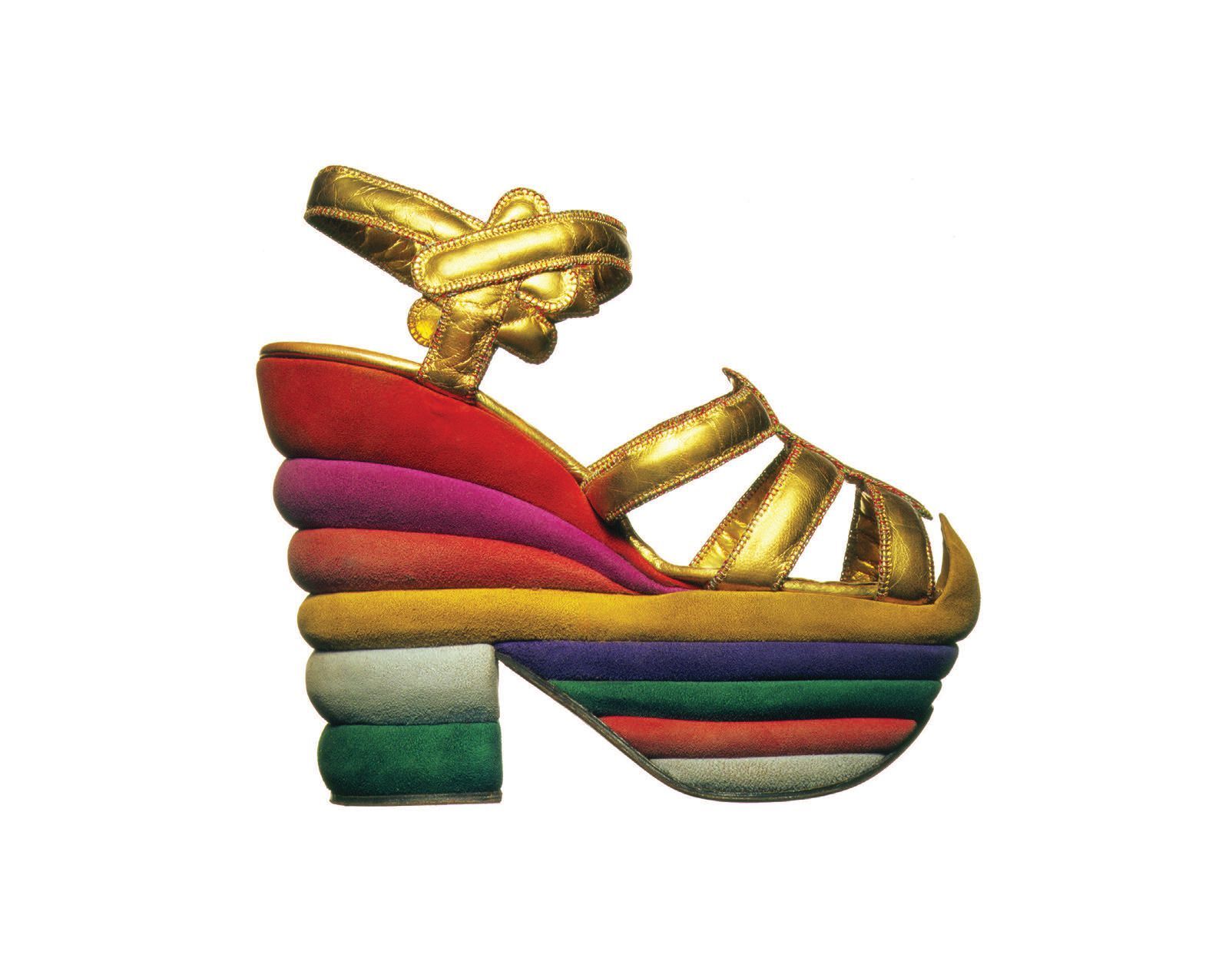 Salvatore Ferragamo (Italy, 1898's-1960), designer, Rainbow, 1938. Suede, gilded leather, leather and cork