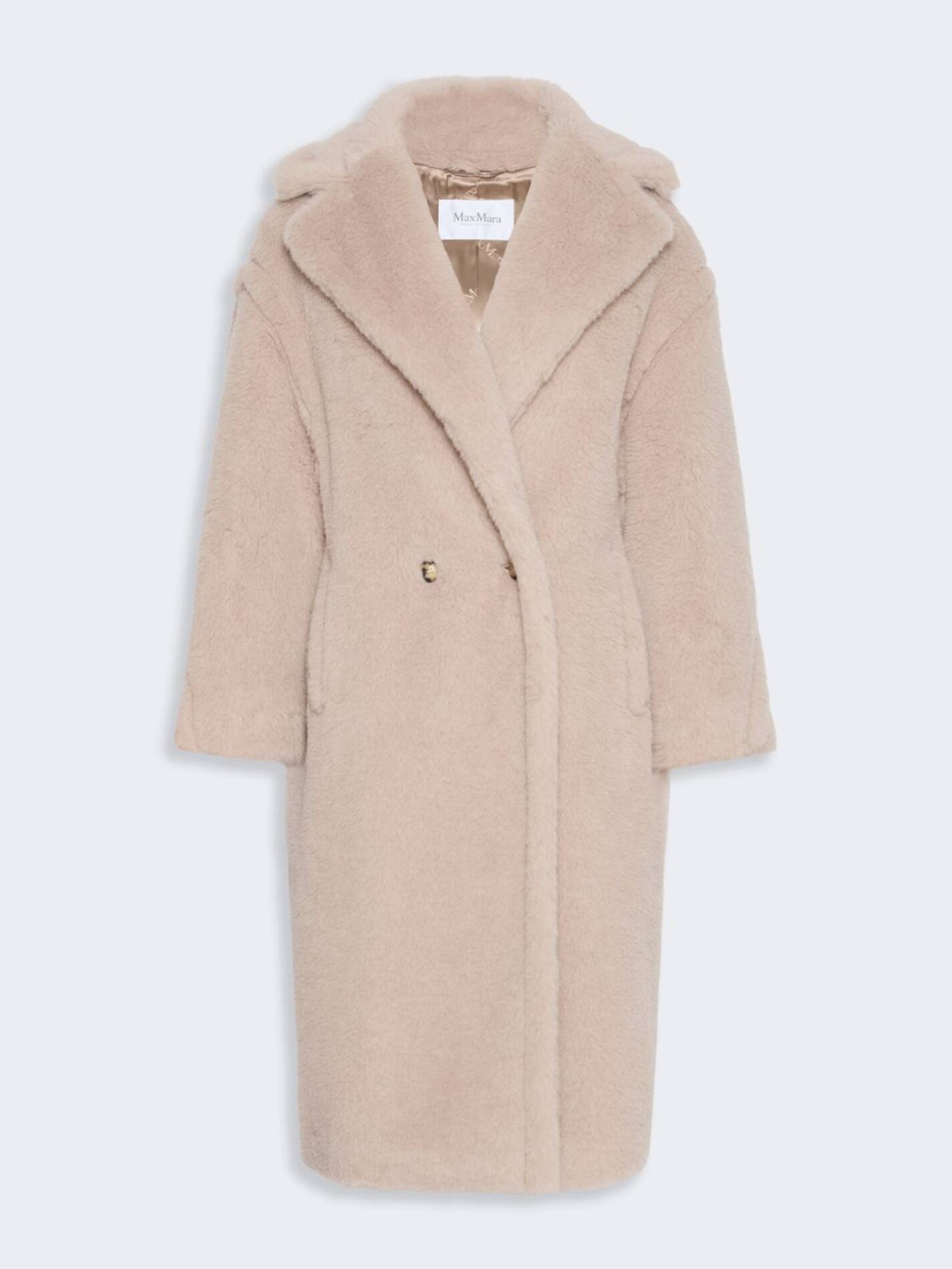 Beige long faux fur coat with wide collar and single button closure, displayed on plain background.
