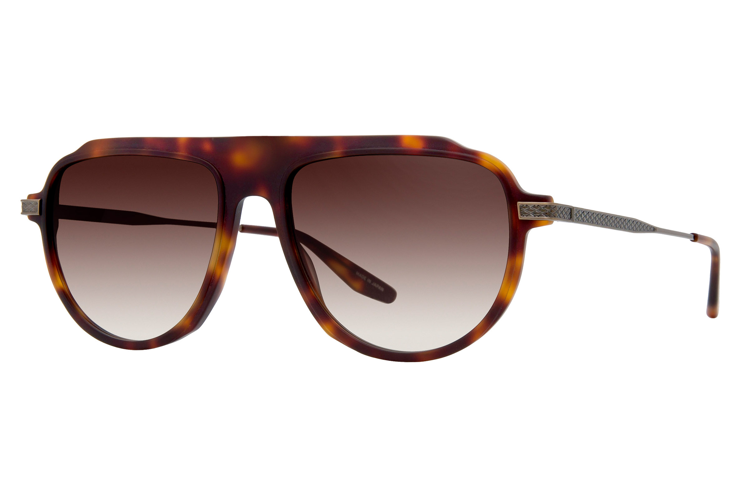 Tortoiseshell aviator-style sunglasses with gradient brown lenses and silver textured arms.