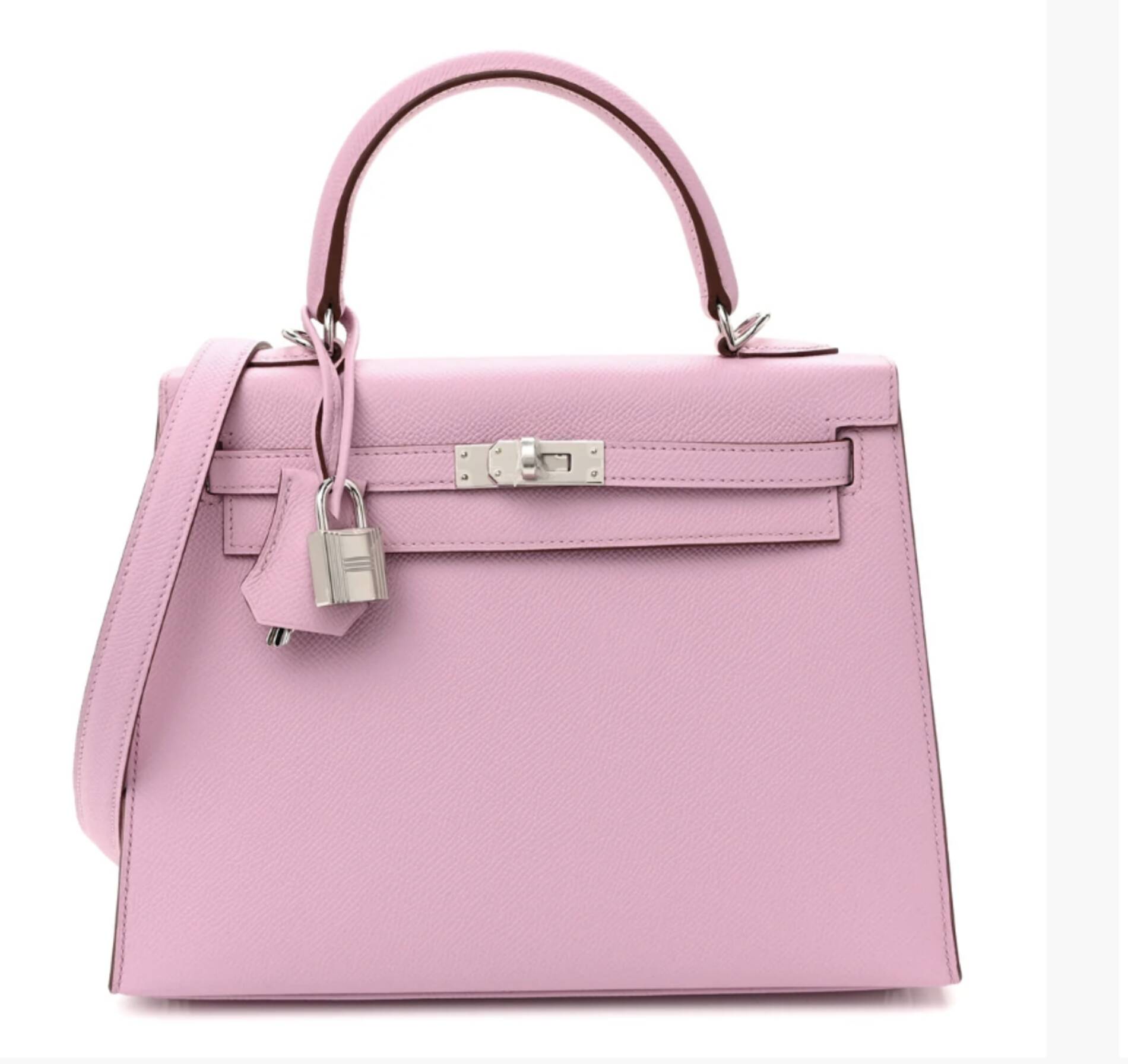 Pink leather handbag with top handle, shoulder strap, and silver lock detail on front.