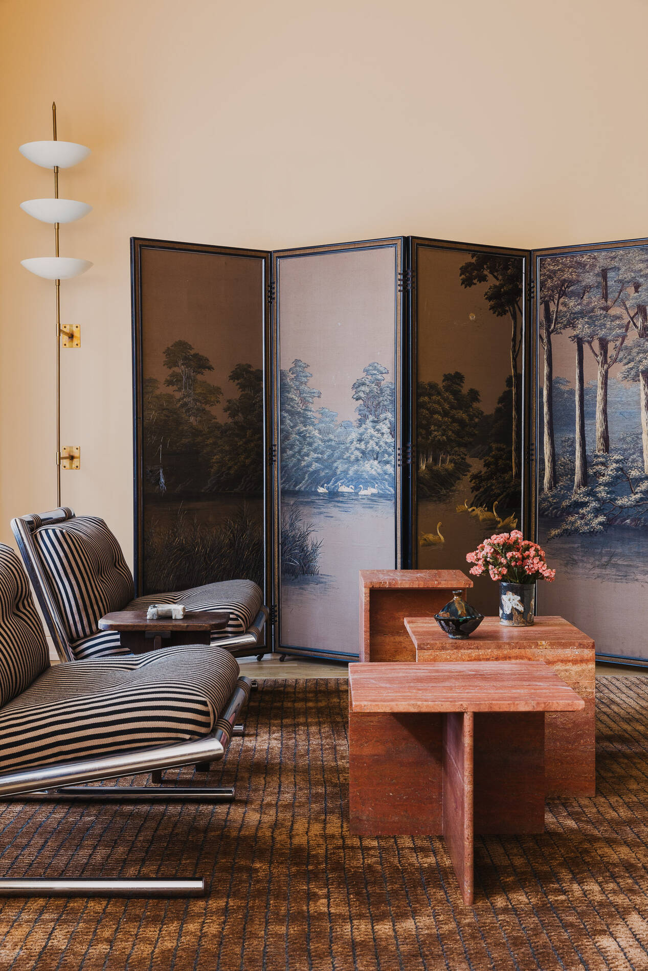 A dramatic landscape screen anchors this layered living room by Sucher Studios, one of the returning design talents at this year’s River North Design District Fall Gallery Walk.